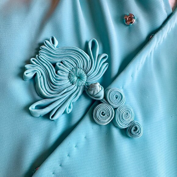 Gorgeous Turquoise Handmade Rhinestone Beaded Crystal Cheongsam Qipao Dress - Picture 4 of 16